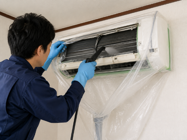 家庭用エアコンを洗浄するエアコンクリーニング作業