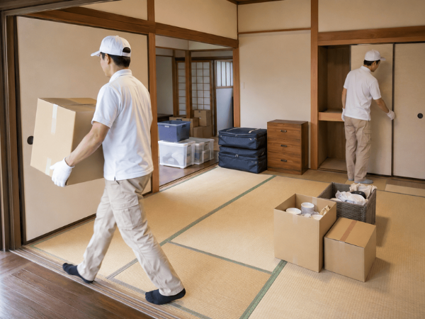香川県高松市のすっきりまるが退去前の空き家に残された家財を一括で片付ける様子