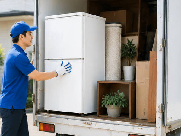 引っ越しで出た家具や家電などの不用品を回収するスタッフ