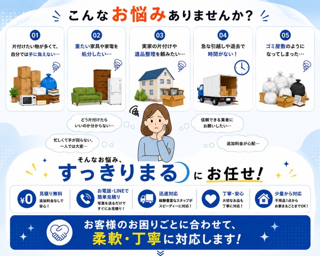 不用品回収・遺品整理・引っ越し・ゴミ屋敷の片付けならすっきりまる