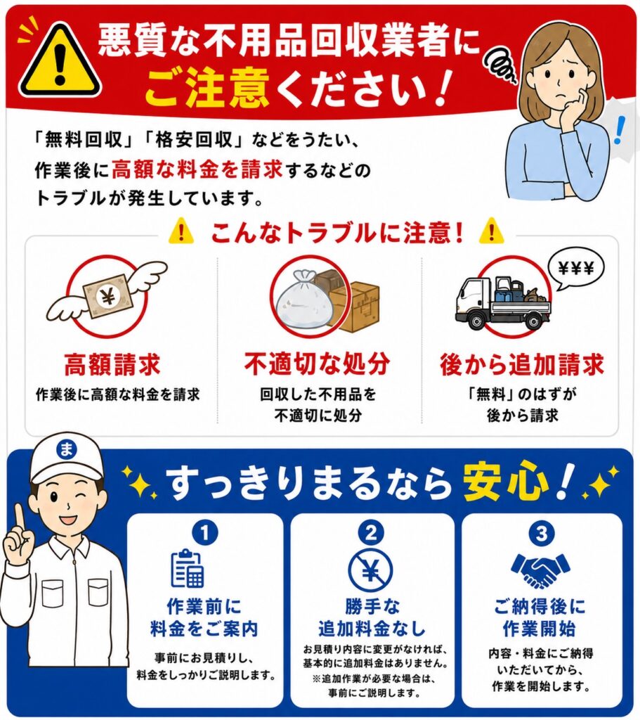 悪質な不用品回収業者の高額請求や追加請求に注意|すっきりまるの安心対応
